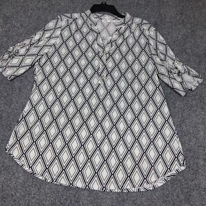 PERCEPTION CONCEPT Blck &‎ White Green Top XL Women V Neck Short Sleeve Casual